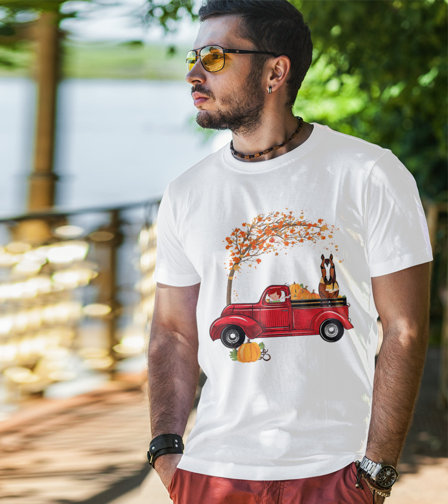 Autumn Fall Season Red Truck Horse Pumpkins Thanksgiving Day T-Shirt