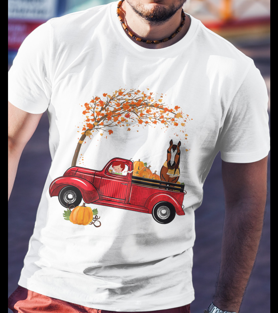 Autumn Fall Season Red Truck Horse Pumpkins Thanksgiving Day T-Shirt