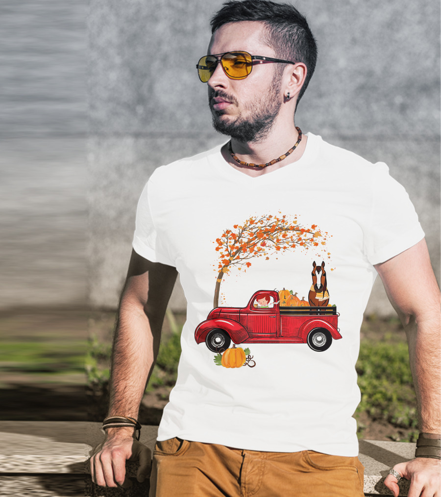 Autumn Fall Season Red Truck Horse Pumpkins Thanksgiving Day T-Shirt