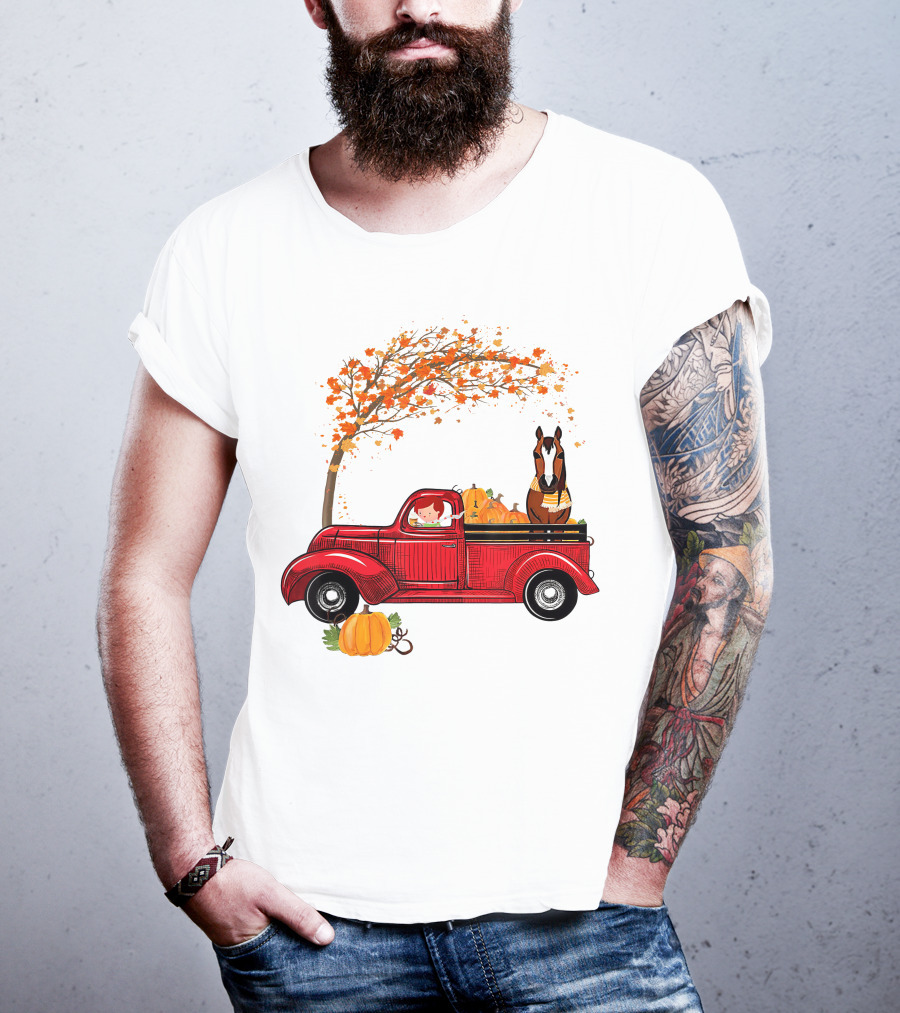 Autumn Fall Season Red Truck Horse Pumpkins Thanksgiving Day T-Shirt