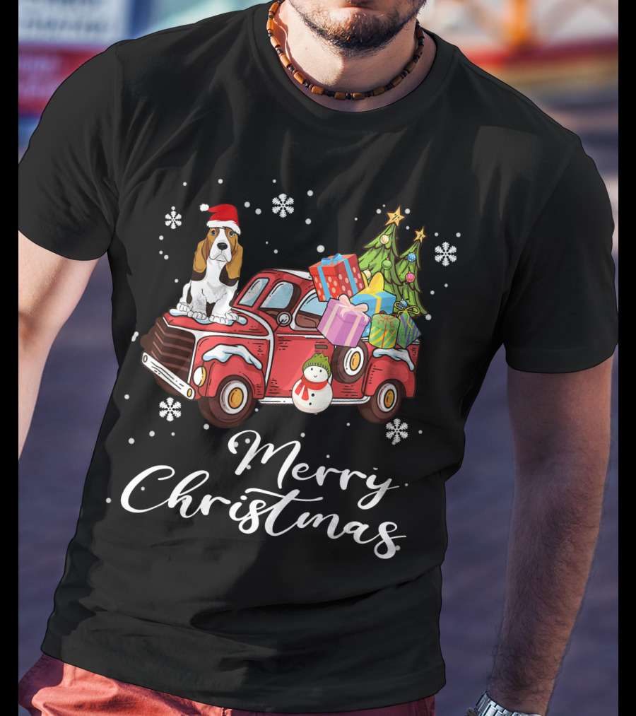 Basset Hound With Gifts And Snowman On Red Truck Merry Christmas T-Shirt