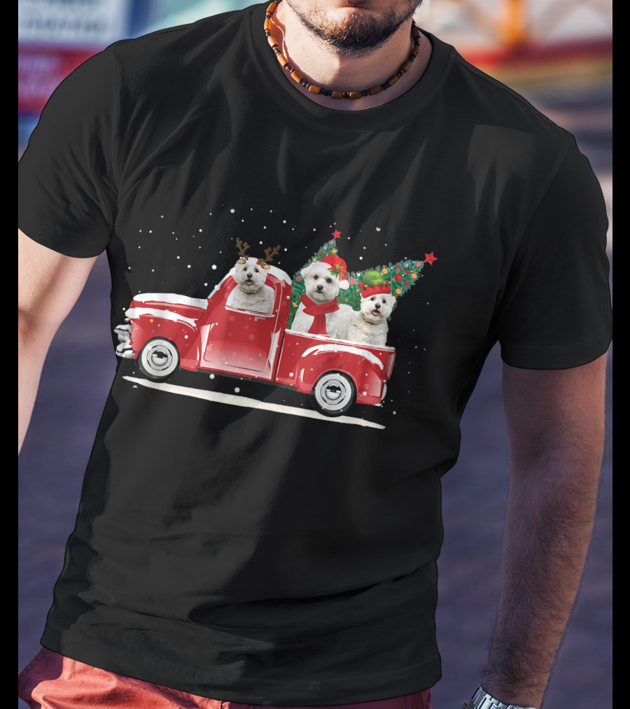 Bichon Frise Reindeer And Santa Christmas Truck With Trees T-Shirt