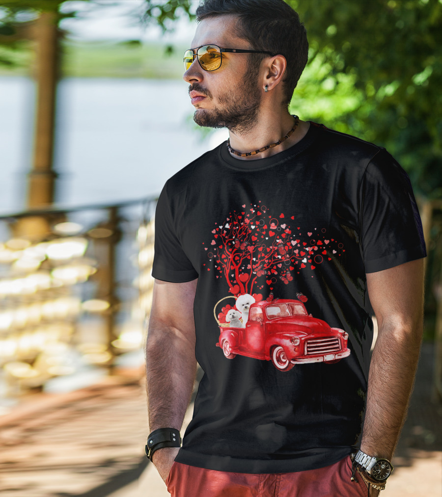 Bichon Frise Valentine Red Truck With Heart Tree And Butterflies T-Shirt