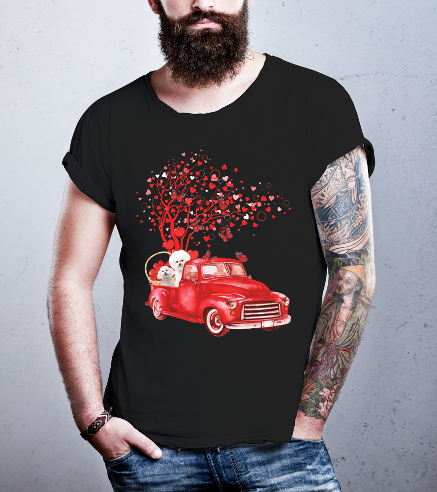 Bichon Frise Valentine Red Truck With Heart Tree And Butterflies T-Shirt