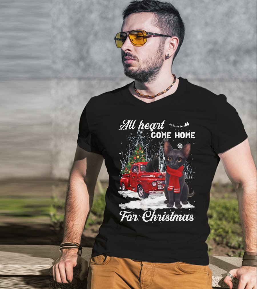 All Heart Come Home For Christmas Black Cat Truck Ornaments Santa Lover T-Shirt