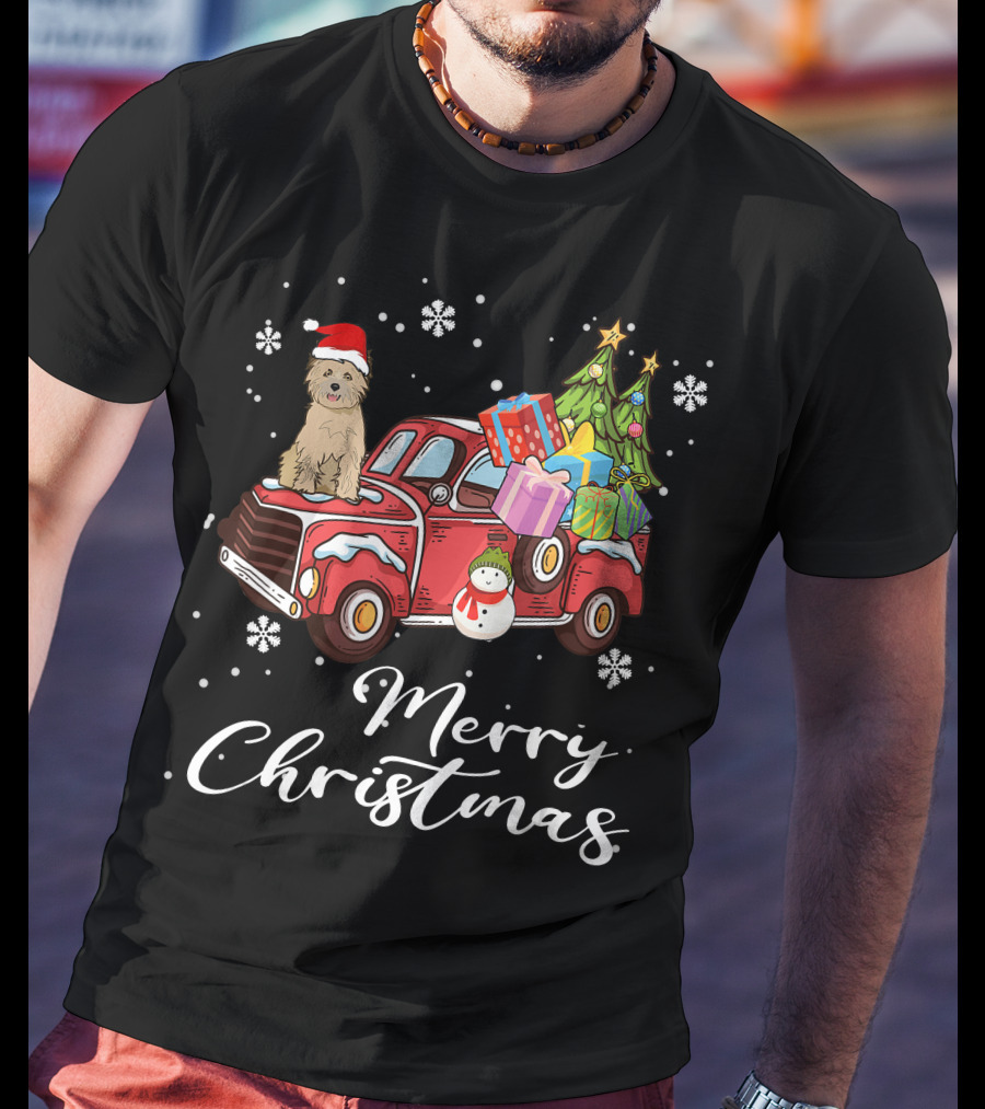 Cairn Terrier Riding Red Truck Merry Christmas Snowflakes Presents Tree Snowman T-Shirt