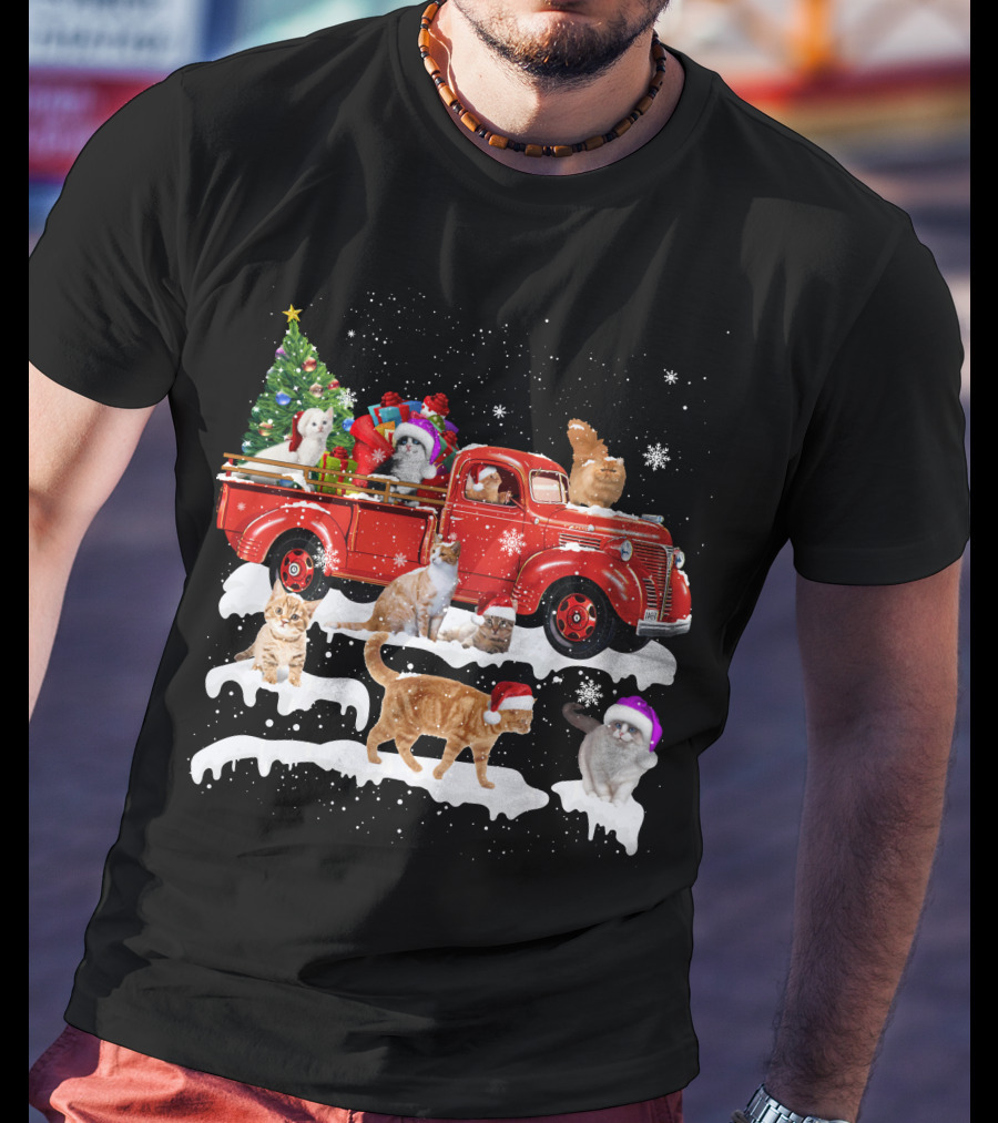 Merry Christmas Cat Riding Red Truck With Kittens And X Mas Tree T-Shirt