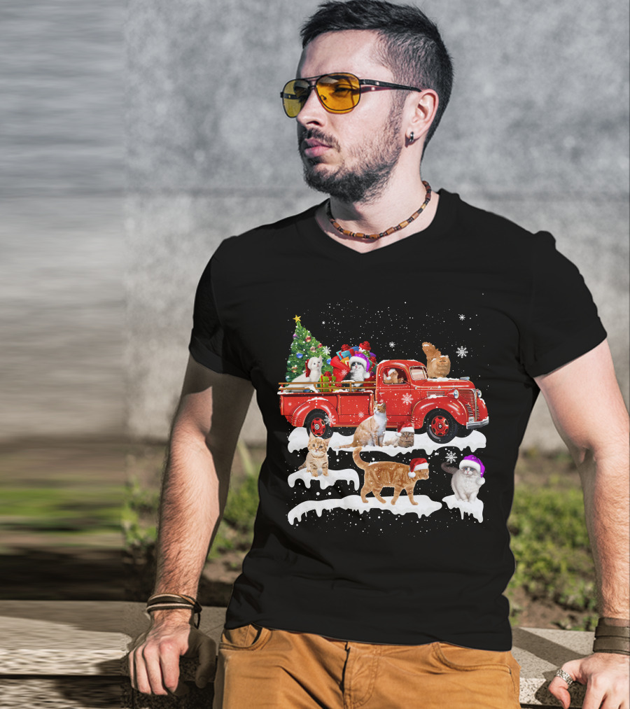 Merry Christmas Cat Riding Red Truck With Kittens And X Mas Tree T-Shirt