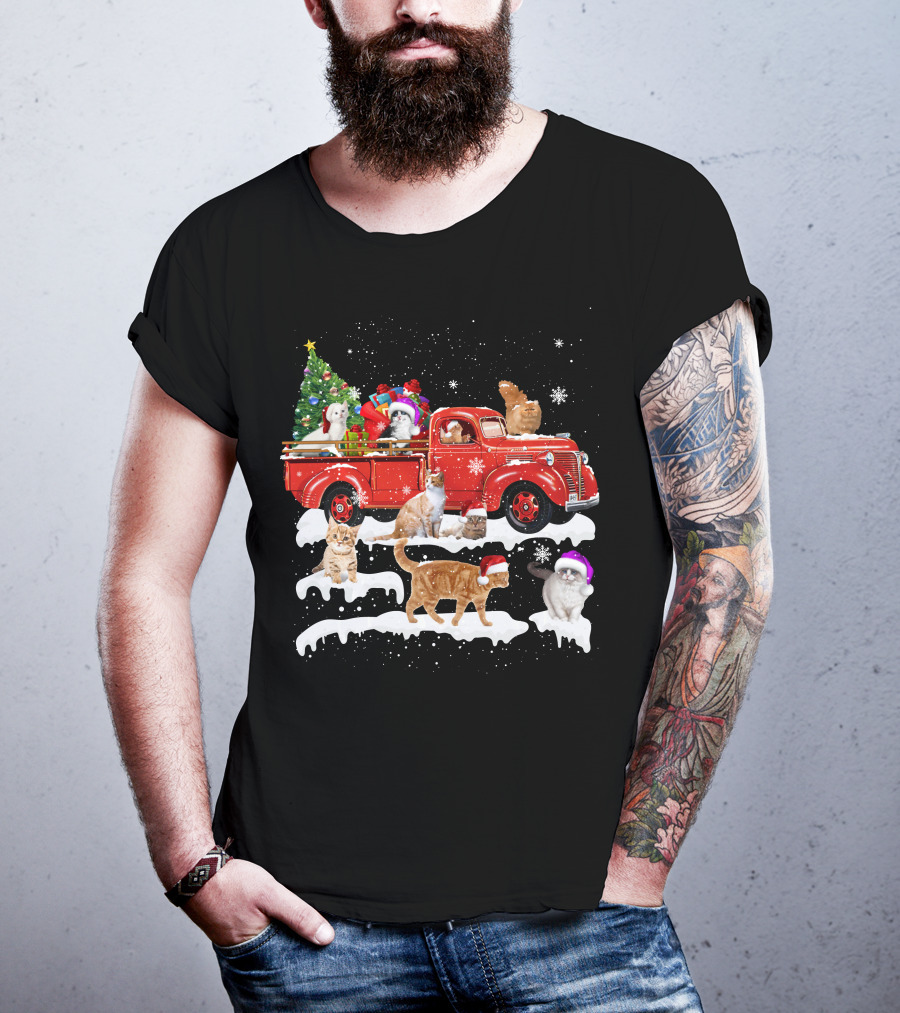 Merry Christmas Cat Riding Red Truck With Kittens And X Mas Tree T-Shirt