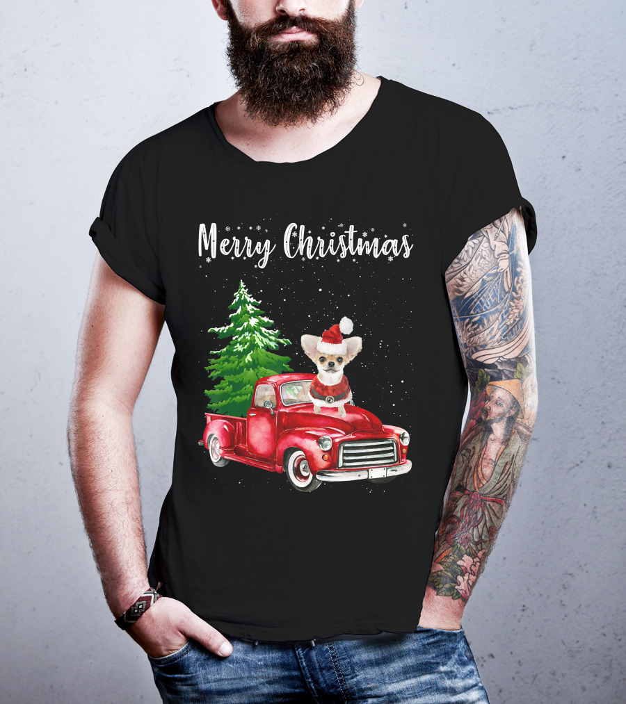 Merry Christmas Chihuahua With Santa Hat Riding Red Truck And Christmas Tree T-Shirt