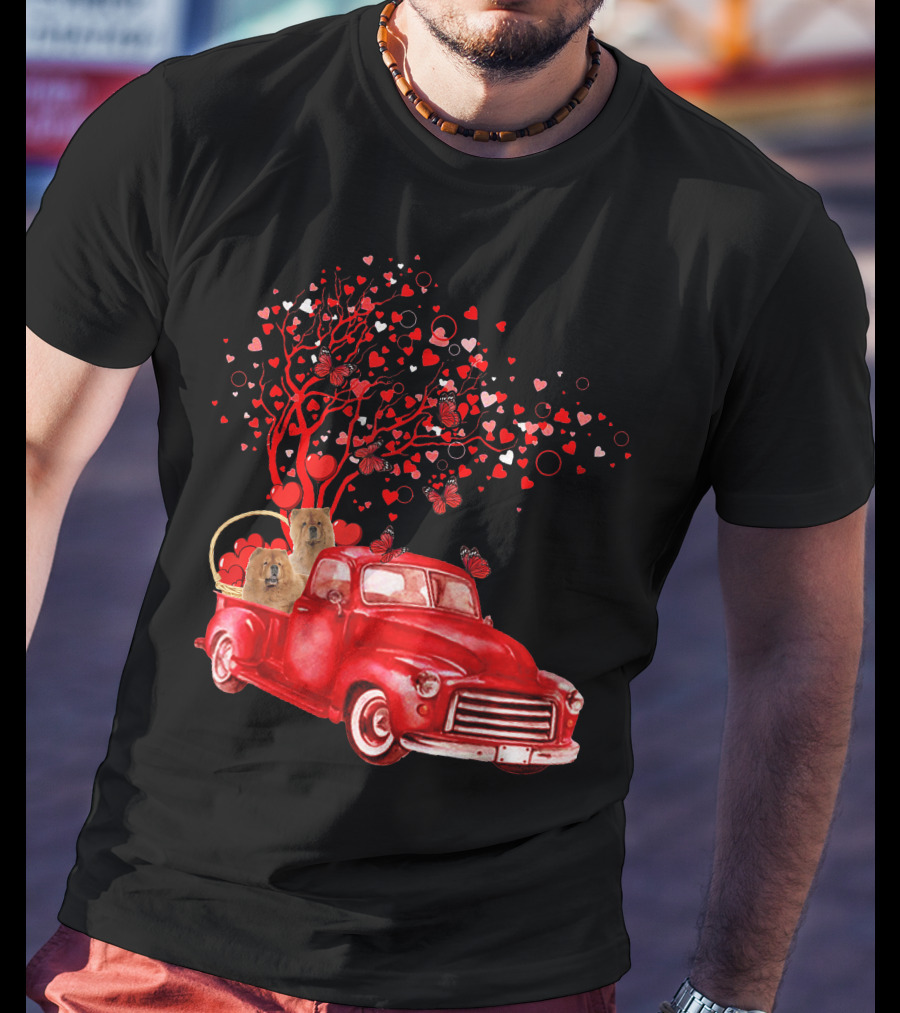 Chow Chow In Red Truck With Butterfly Valentine Heart Tree T-Shirt