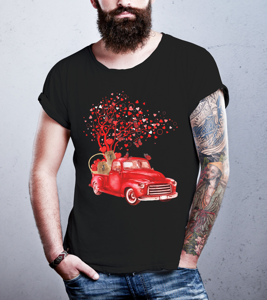 Chow Chow In Red Truck With Butterfly Valentine Heart Tree T-Shirt