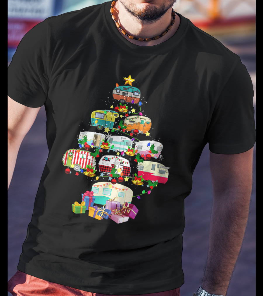 Christmas Camping Lover X Mas Camper Tree With Trucks And Gifts T-Shirt