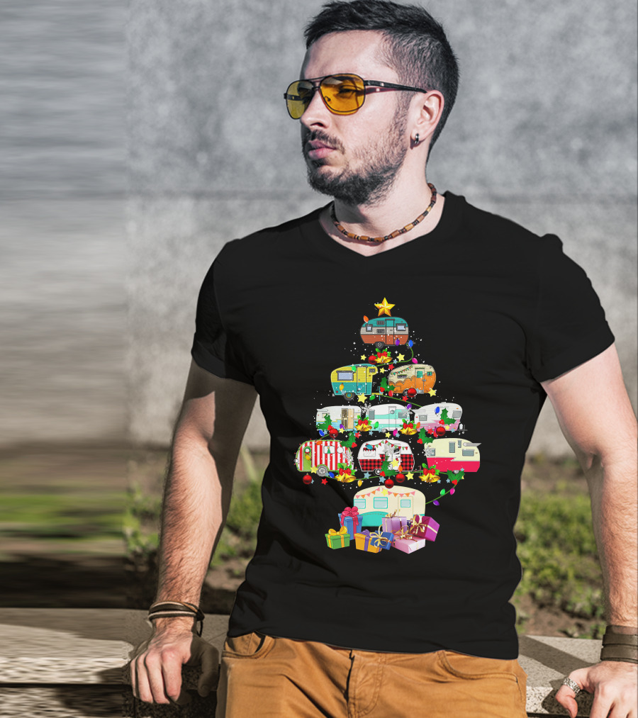 Christmas Camping Lover X Mas Camper Tree With Trucks And Gifts T-Shirt