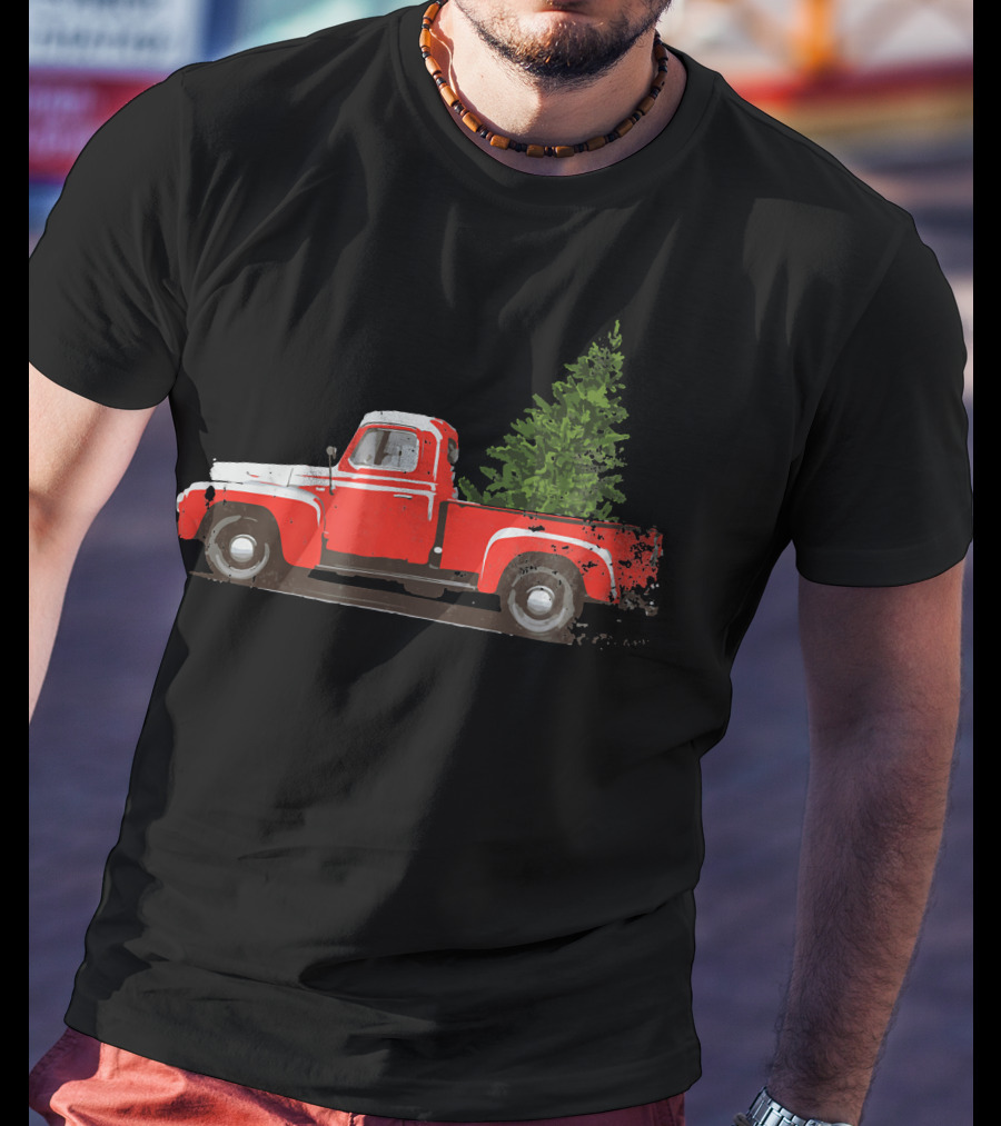 Classic Red Pickup Truck With Christmas Tree T-Shirt