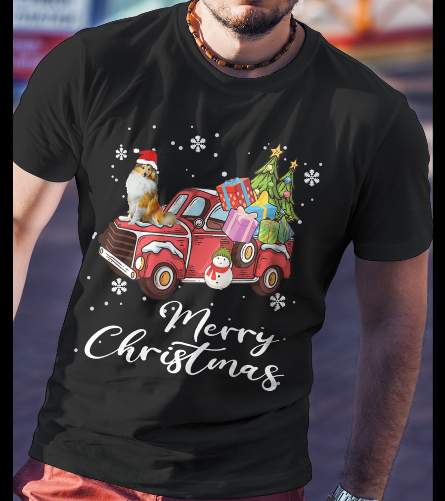 Merry Christmas Collie On Red Truck With Gifts And Snowman T-Shirt