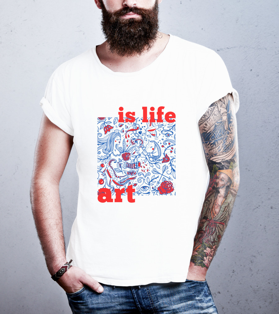 Is Life Art Floral Fantasy In Red And Blue T-Shirt
