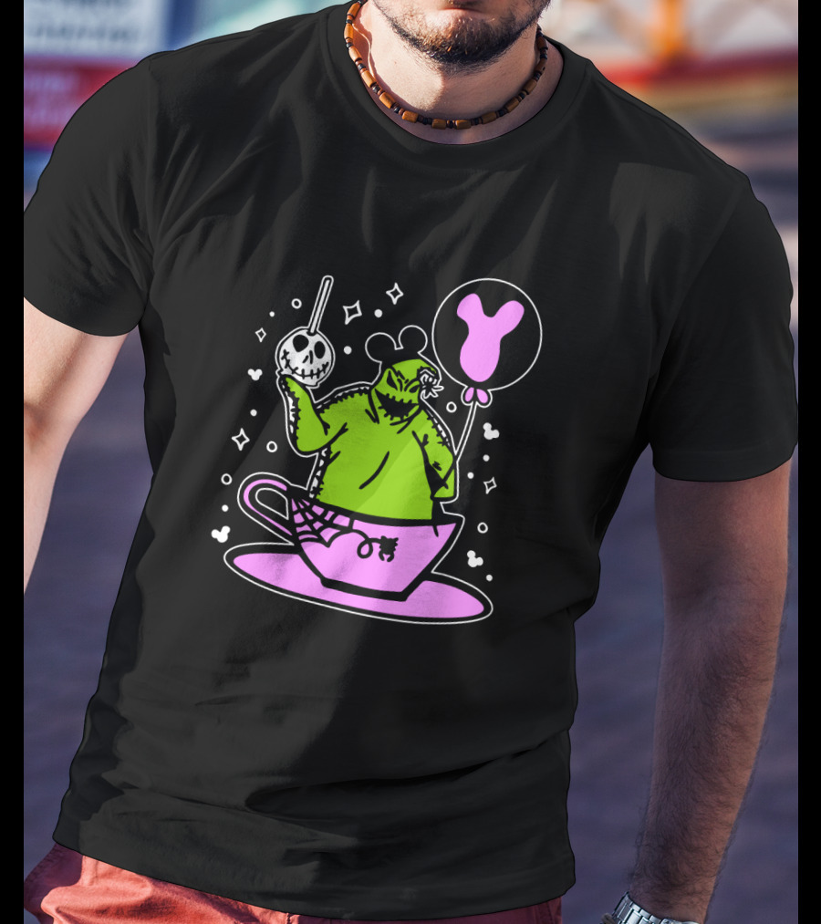 Oogie Boogie In Pink Tea Cup With Mickey Ears Balloon And Spider Details T-Shirt