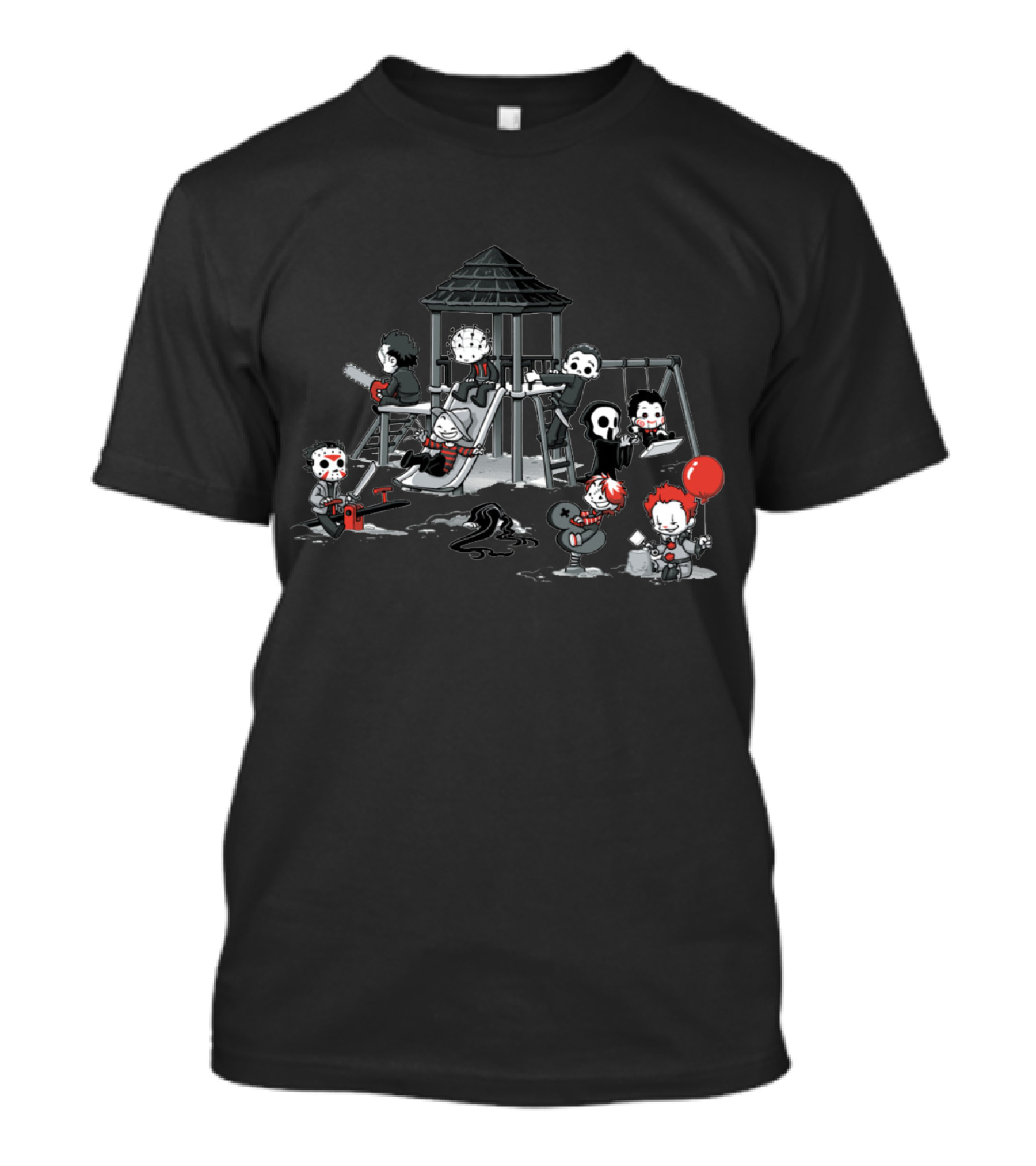 Playground Of Horror Characters In Creepy Swing Set Scene T-Shirt