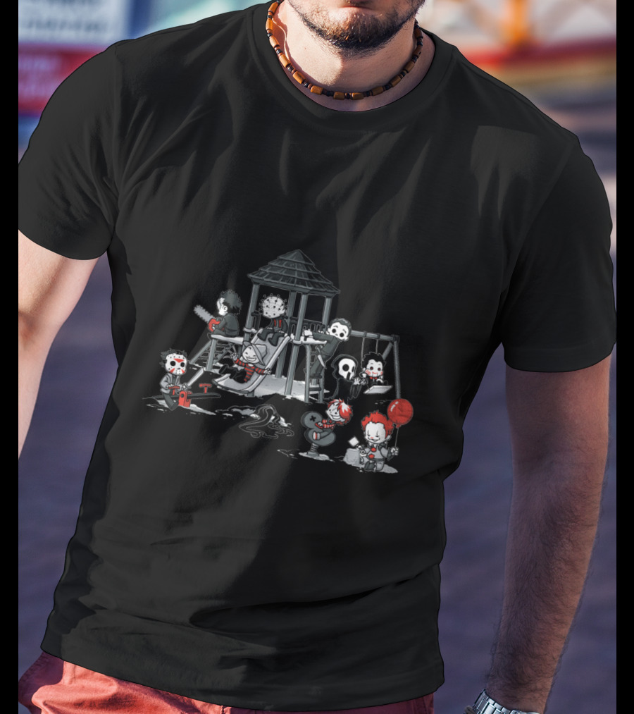 Playground Of Horror Characters In Creepy Swing Set Scene T-Shirt
