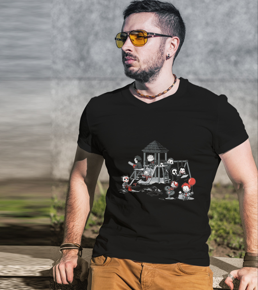 Playground Of Horror Characters In Creepy Swing Set Scene T-Shirt