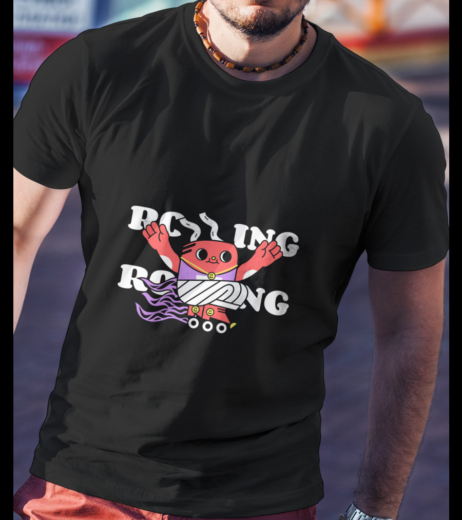 Rolling Cartoon Character With Purple Roller Skates And Wavy Hair T-Shirt