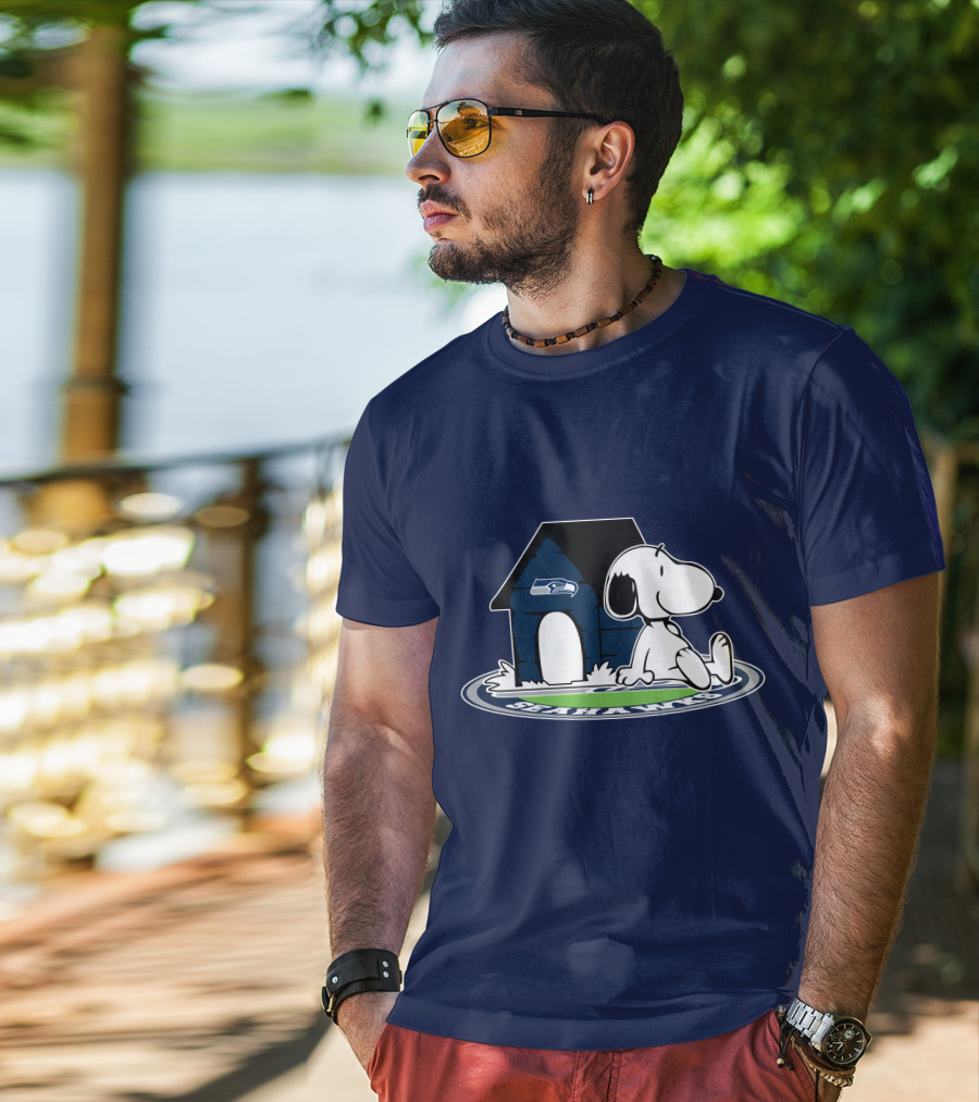 Seattle Seahawks Fan Forever With Snoopy Sitting By Doghouse T-Shirt