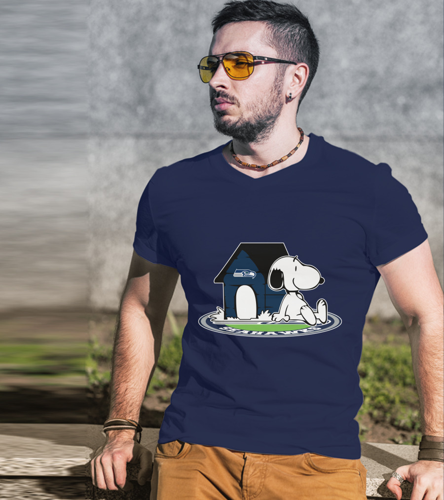 Seattle Seahawks Fan Forever With Snoopy Sitting By Doghouse T-Shirt
