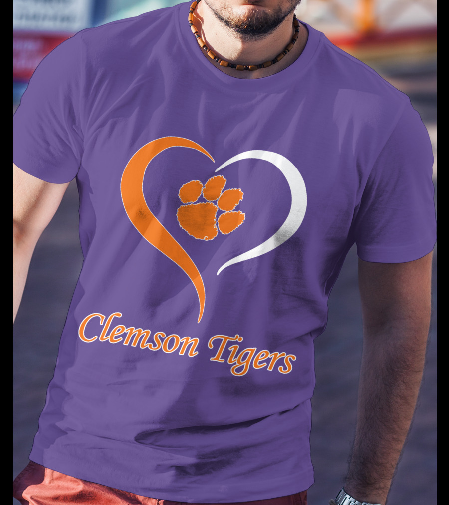 Clemson Tigers Heart Paw Print Purple And Orange T-Shirt