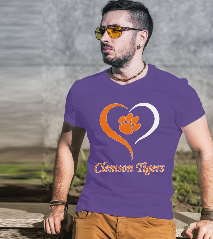 Clemson Tigers Heart Paw Print Purple And Orange T-Shirt