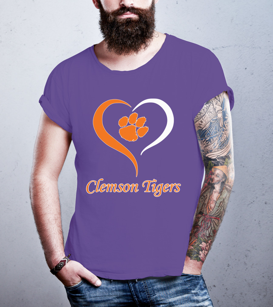 Clemson Tigers Heart Paw Print Purple And Orange T-Shirt