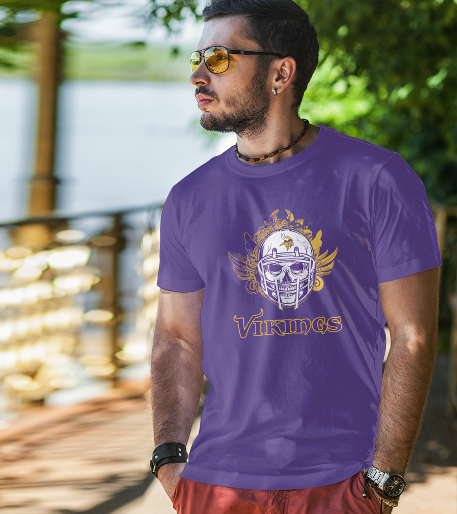 Vikings Skull Helmet With Purple And Yellow Wings T-Shirt