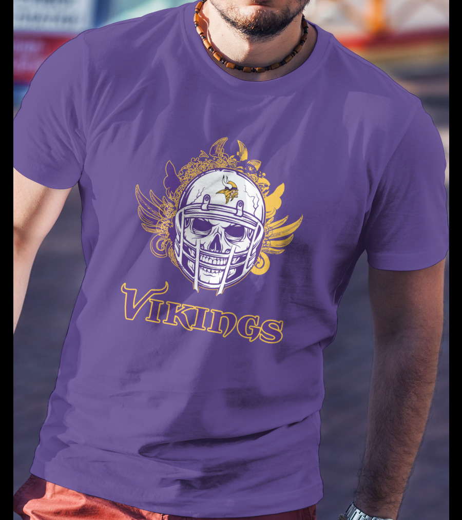 Vikings Skull Helmet With Purple And Yellow Wings T-Shirt