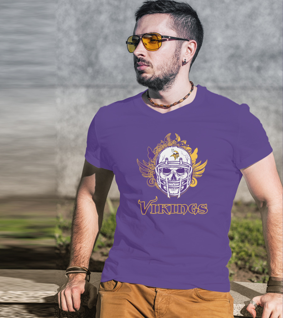 Vikings Skull Helmet With Purple And Yellow Wings T-Shirt