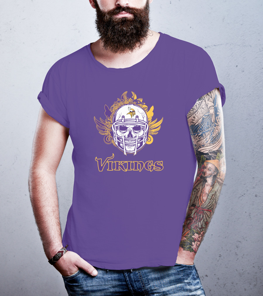 Vikings Skull Helmet With Purple And Yellow Wings T-Shirt