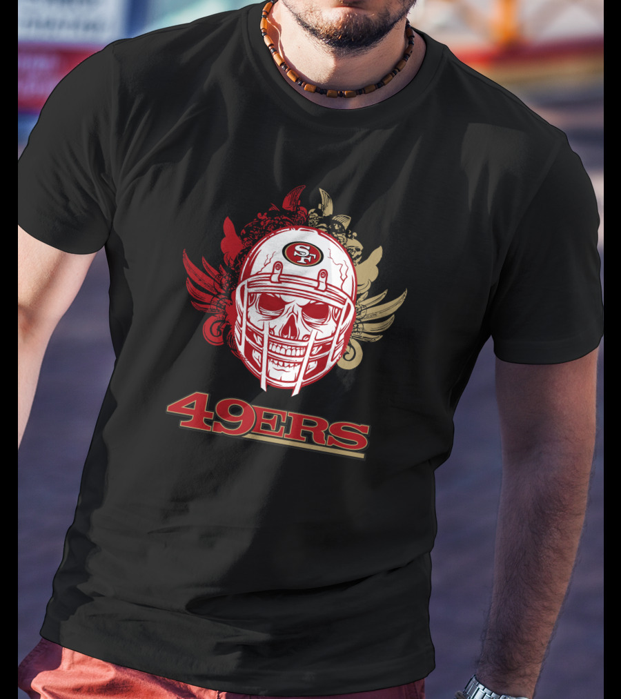 San Francisco 49ers Skull Football Helmet Red Gold Wings T-Shirt
