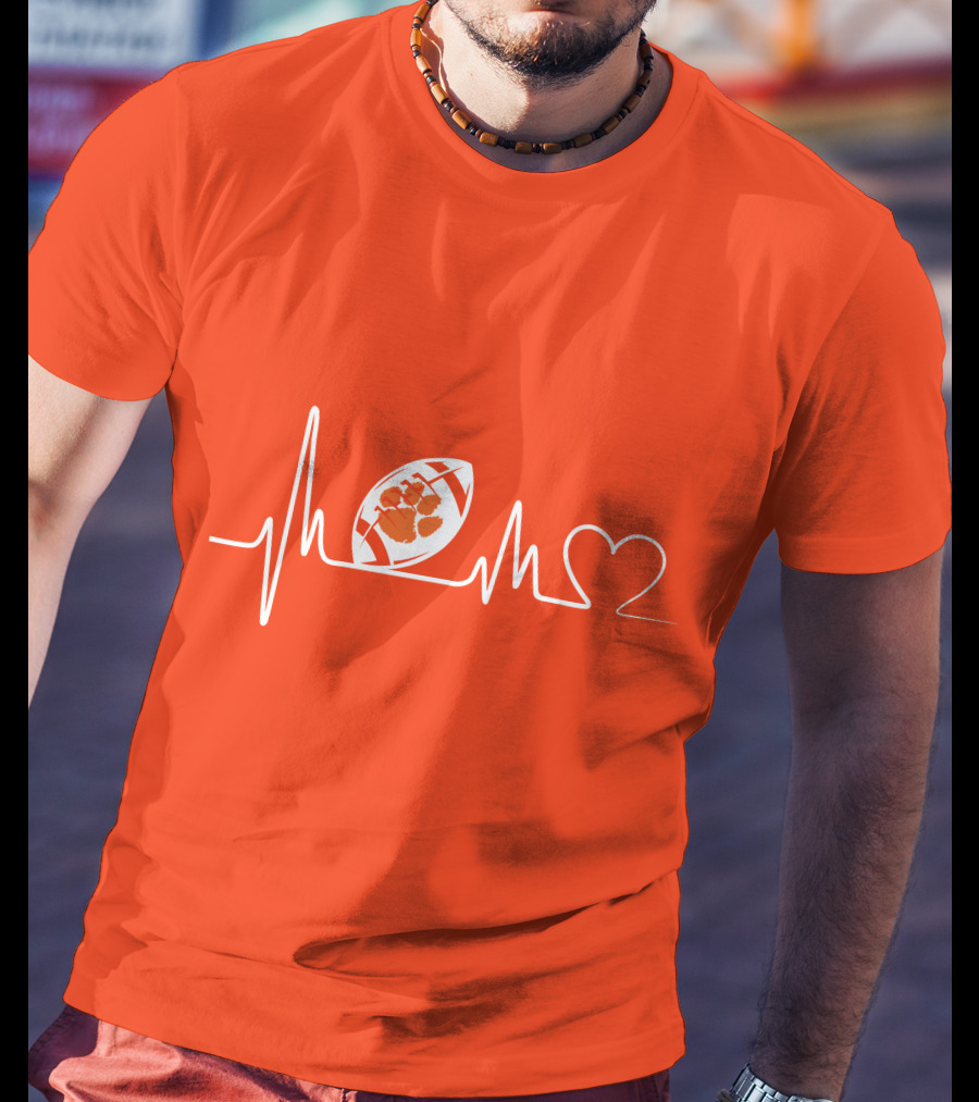 Clemson Tigers Heartbeat Football Paw Prints T-Shirt