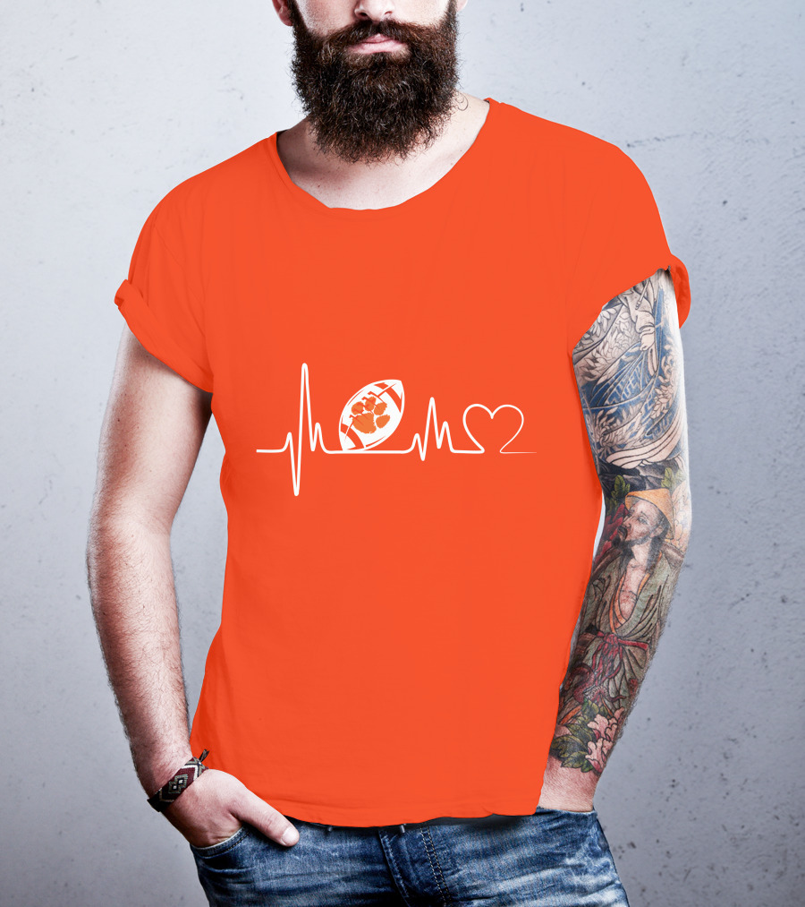 Clemson Tigers Heartbeat Football Paw Prints T-Shirt