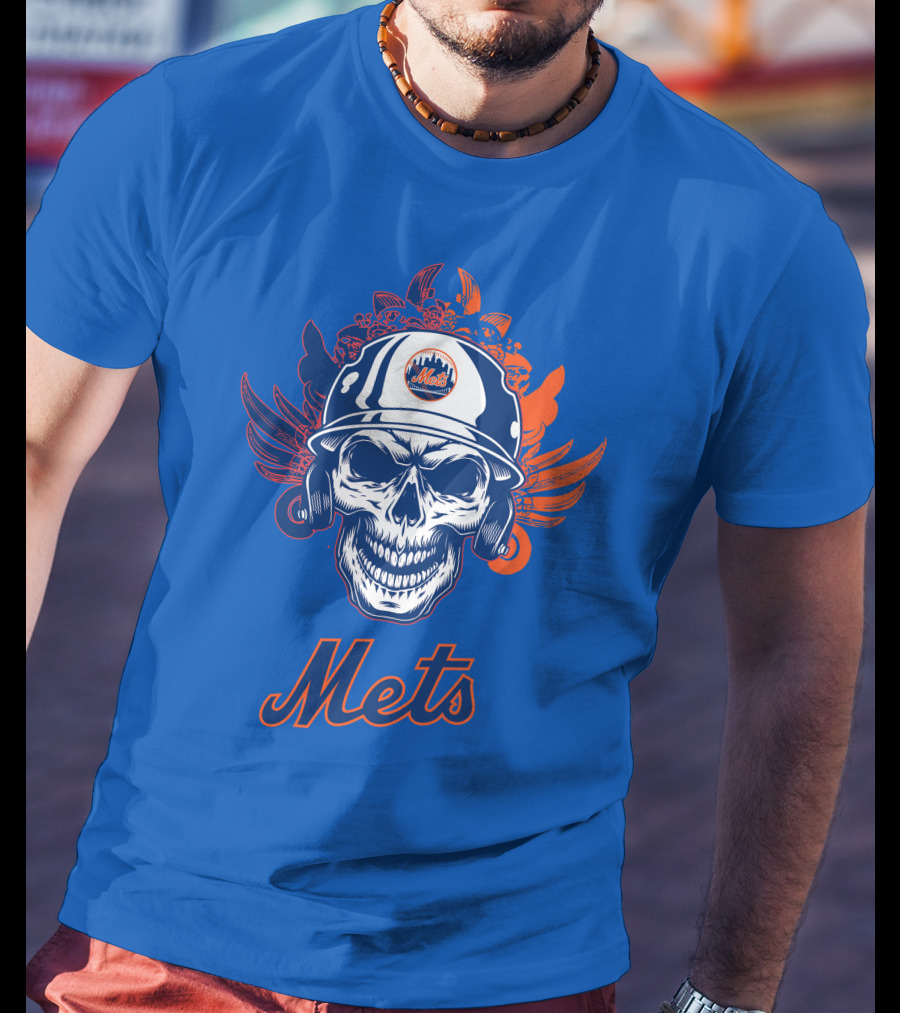 New York Mets Skull Helmet Logo With Wings T-Shirt