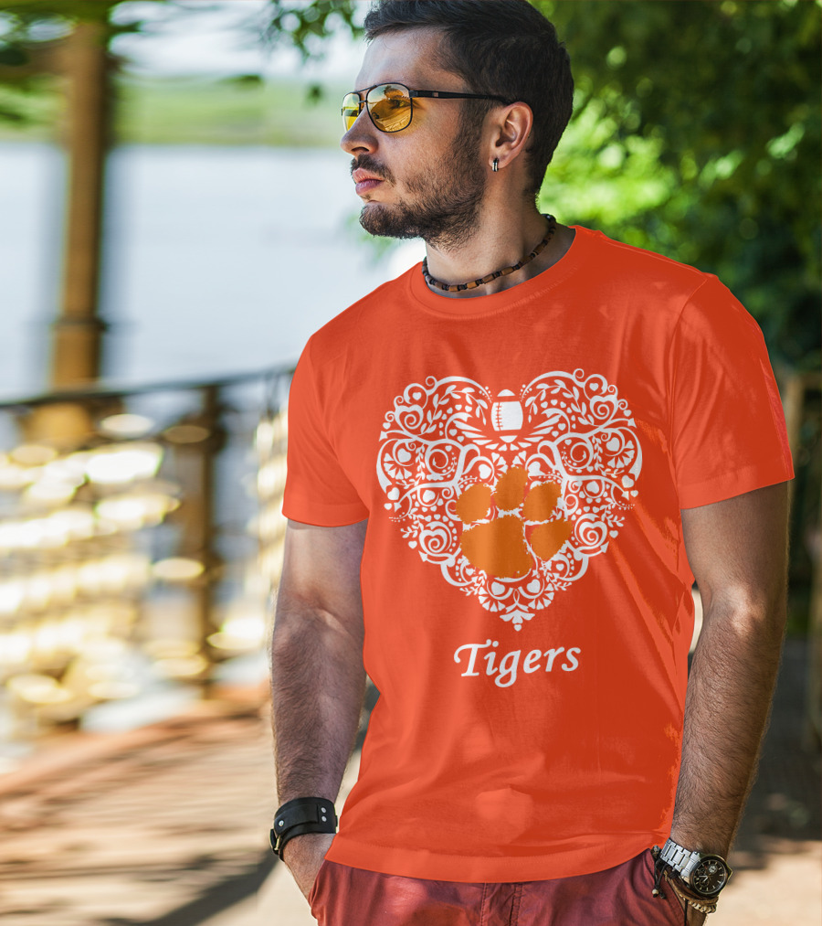Heart-Shaped Design With Clemson Tigers Paw And Football Elements T-Shirt