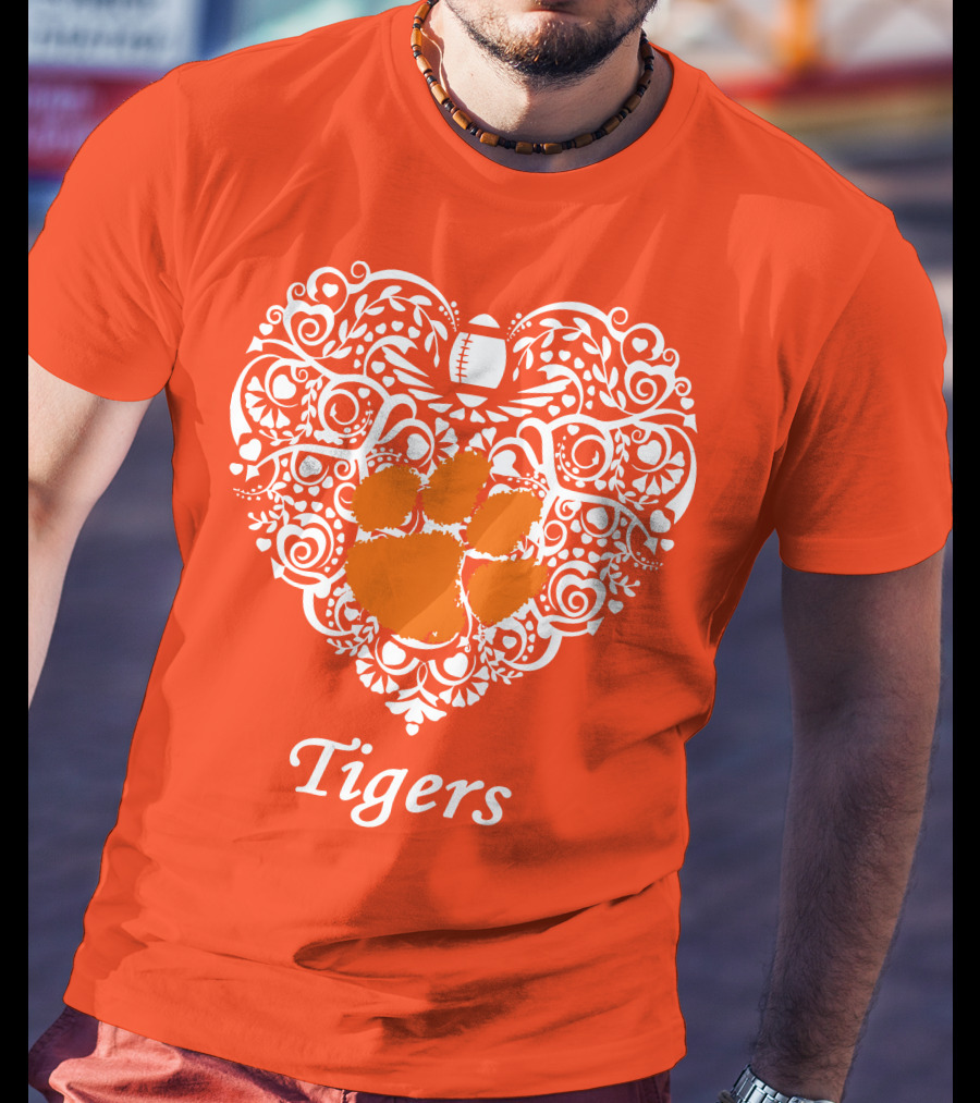 Heart-Shaped Design With Clemson Tigers Paw And Football Elements T-Shirt