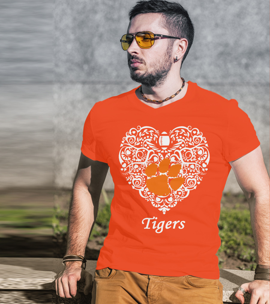 Heart-Shaped Design With Clemson Tigers Paw And Football Elements T-Shirt