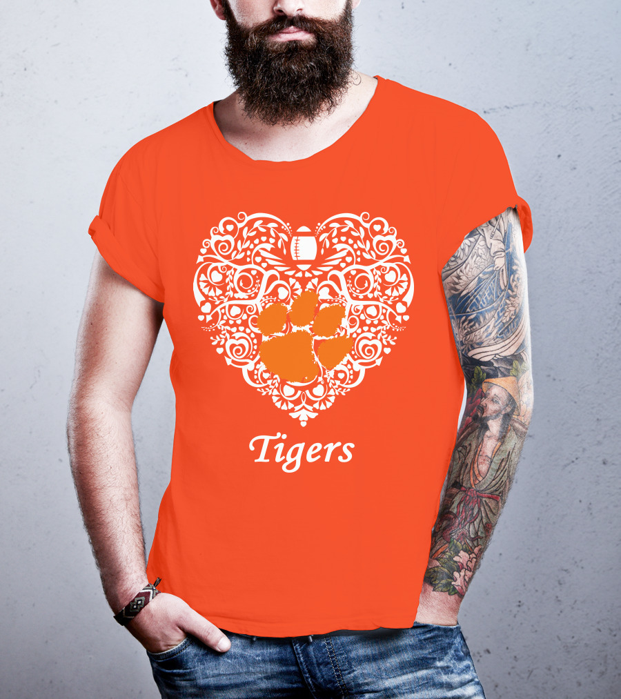 Heart-Shaped Design With Clemson Tigers Paw And Football Elements T-Shirt