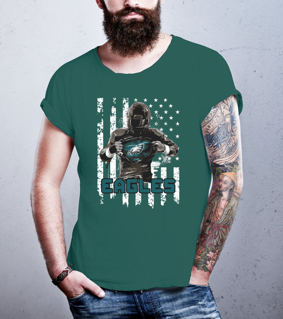 Philadelphia Eagles Football Hero With American Flag Background T-Shirt