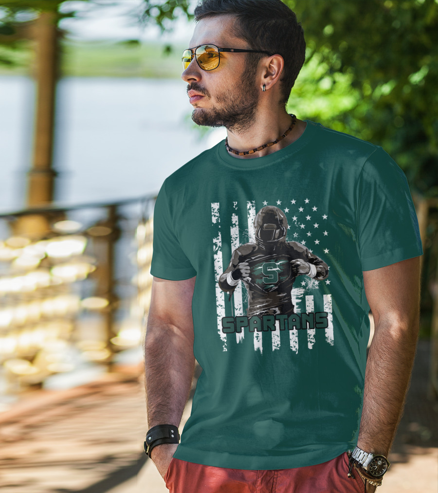 Spartans Player With S Emblem And American Flag Background T-Shirt