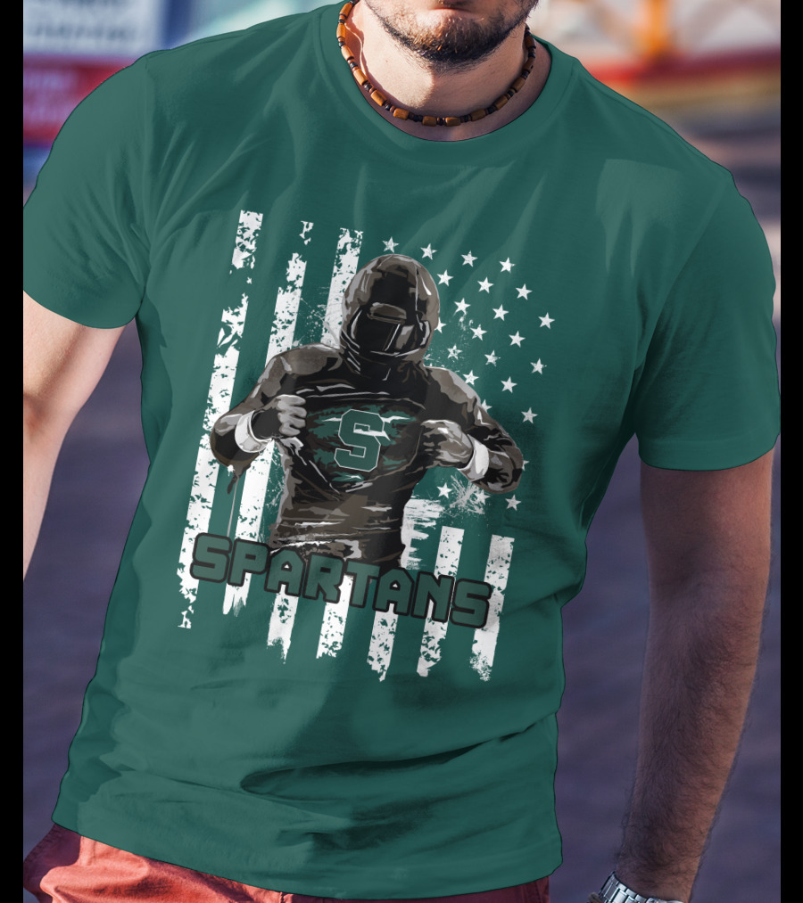 Spartans Player With S Emblem And American Flag Background T-Shirt