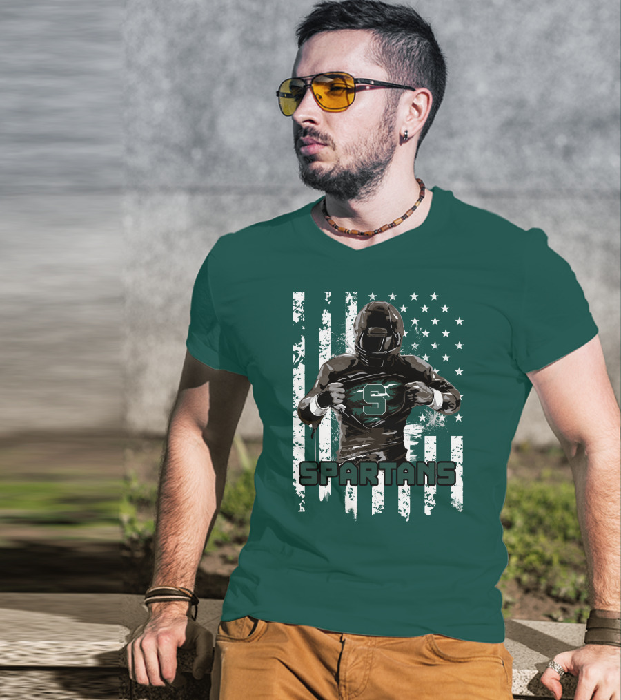 Spartans Player With S Emblem And American Flag Background T-Shirt