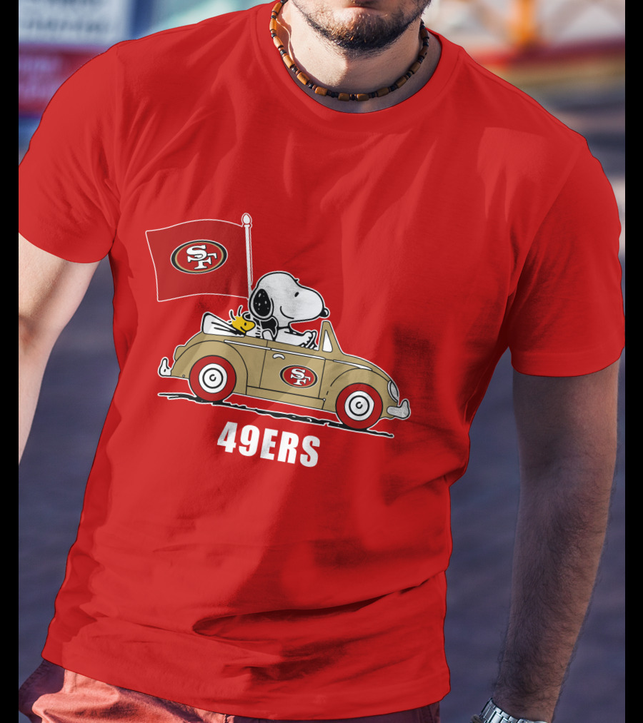 San Francisco 49ers Snoopy Driving Car With Sf Flag T-Shirt