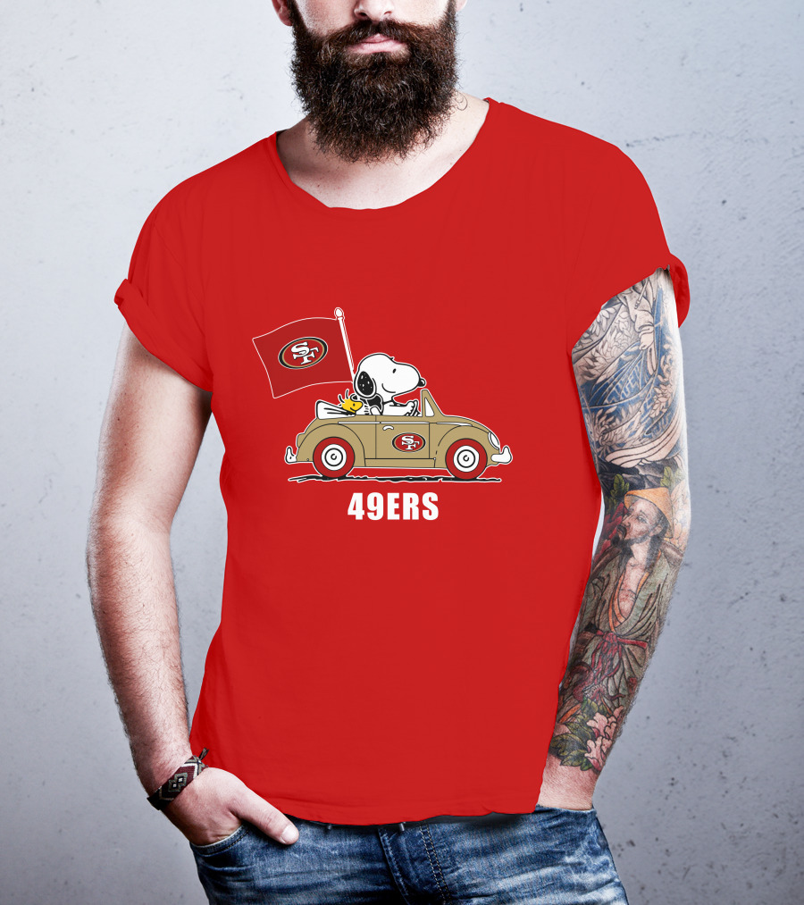 San Francisco 49ers Snoopy Driving Car With Sf Flag T-Shirt