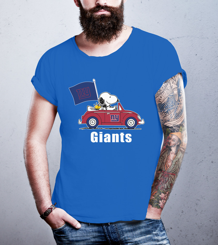 New York Giants Snoopy Driving With Woodstock And Flag T-Shirt